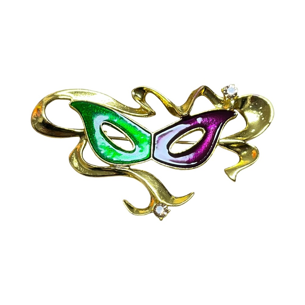 Mardi Gras Brooch NIP, Gold & Green Mask, 2.5”x1.25”, Let the Good Times Roll